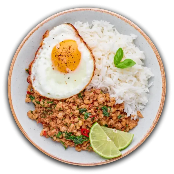 Pad Grapao mit Spiegelei ผัดกระเพรา 🌶️ Chili, Knoblauch, Gemüse, Grapaoblätter mit gehacktem Hähnchen oder Schweinefleisch