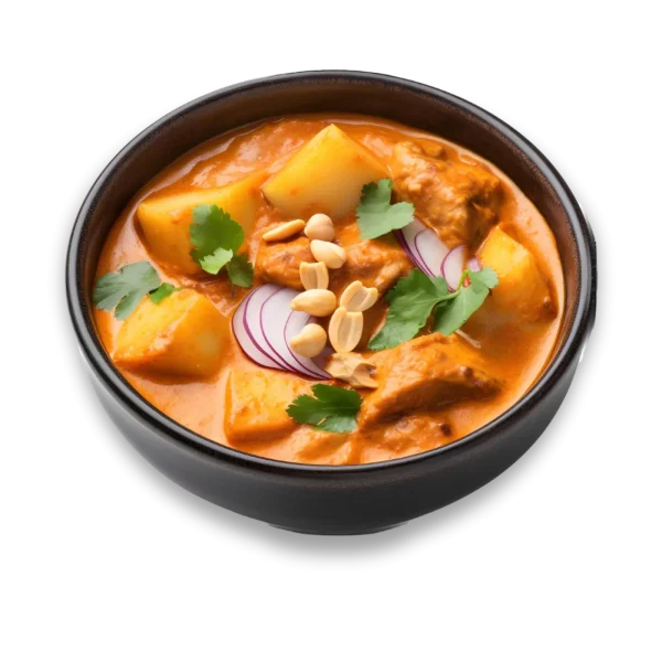 Gäng Massaman Je แกงมัสมั่นเจ Massaman Curry, Kokosnussmilch, Sternanis, Zimt, Kartoffeln, Zwiebeln, Ananas, Tomaten, Erdnüsse, Schalotten - thailändisches Currygericht