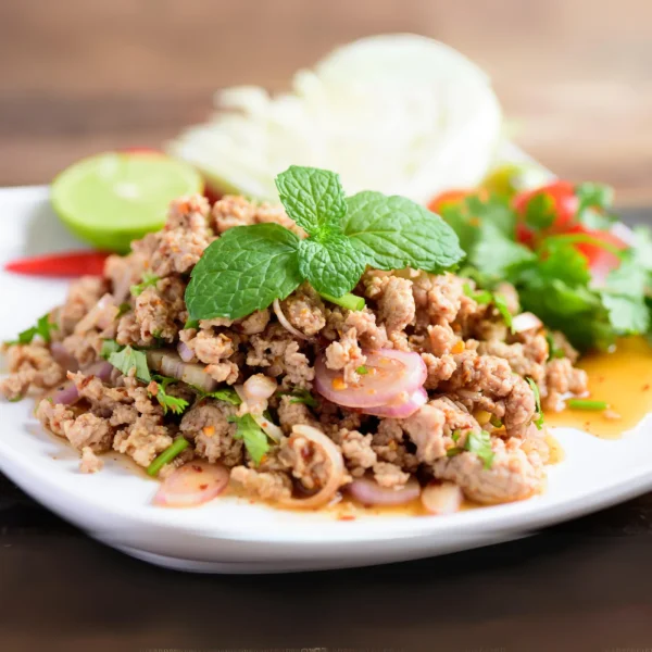 Laab Gai, Muh ลาบไก่ Gehacktes Schweine- oder Hähnchenfleisch-Salat