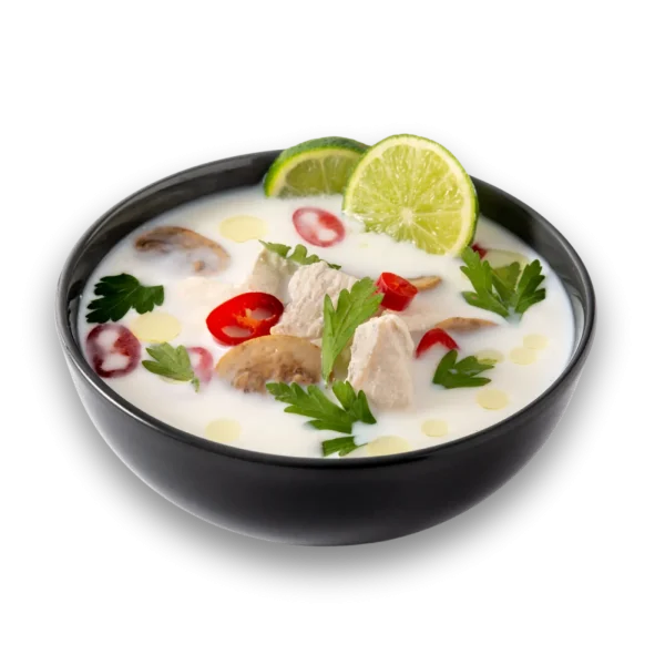 Tom Kha ต้มข่า Hähnchen- oder Garnelensuppe mit Kokosnussmilch, Galangal, Koriander, Champignons